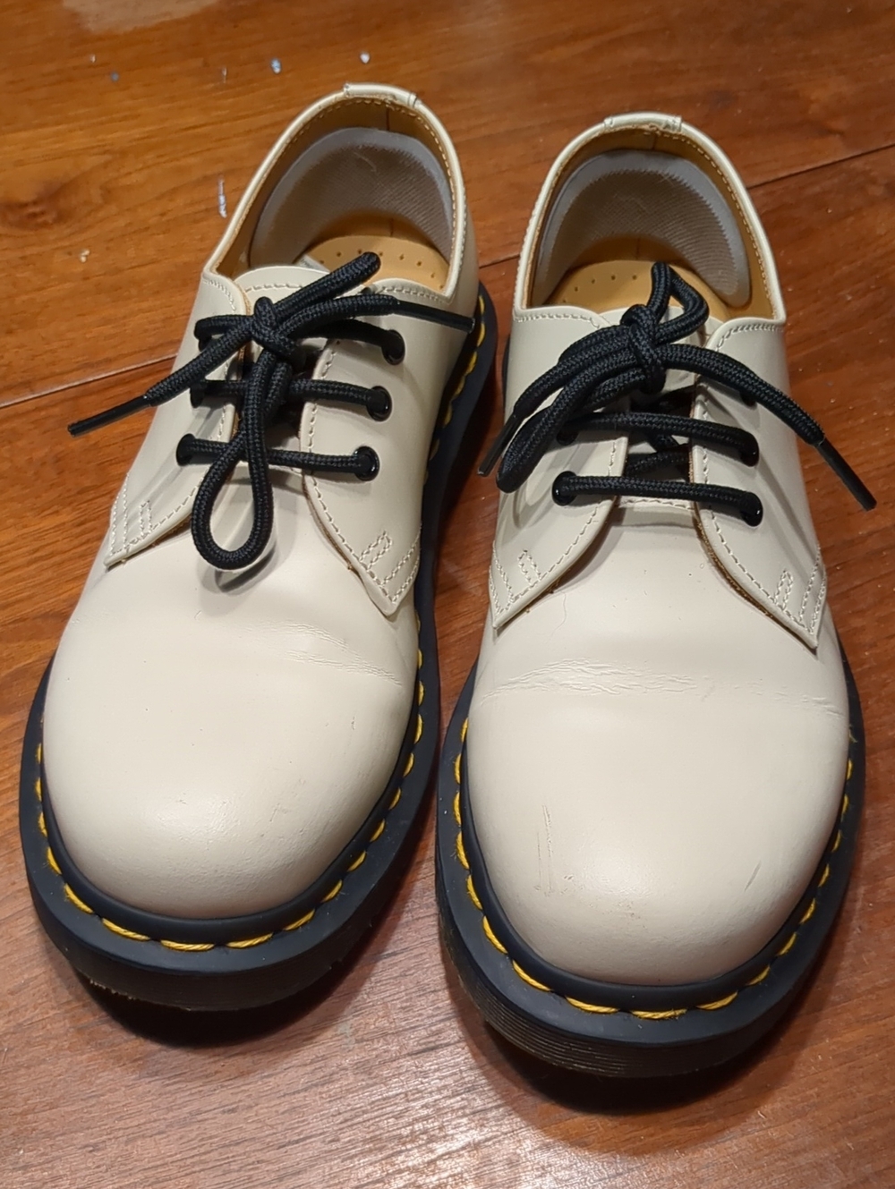 Cream 3 Hole Lace-Up Dr. Martens Oxfords with Black Soles and Yellow Stitching